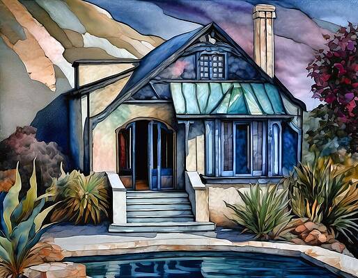 Reflection Digital Art - Little House In The Hills With A Pool by Eris And AI
