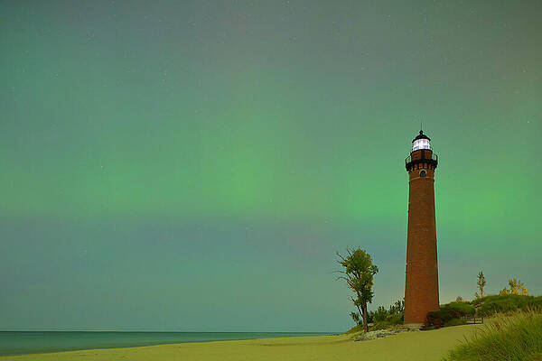 Fall Wall Art featuring the photograph Little Point Sable Lighthouse And Aurora #1 by Michael Collins