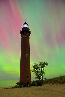 Fall Wall Art featuring the photograph Little Point Sable Lighthouse And Aurora #3 by Michael Collins