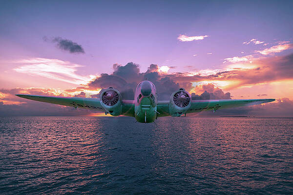 Vintage Photograph - Lockheed Hudson Bomber - Sunset Flight by John Twynam