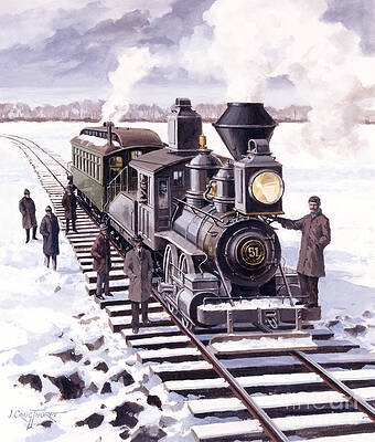 Engine Painting - Locomotives - Northern Pacific Engine Number 51 On Missouri River Temporary Winter Crossing by J Craig Thorpe