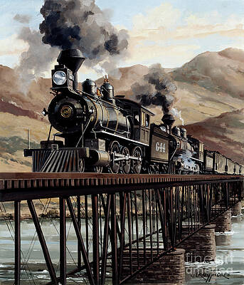 Engine Painting - Locomotives - Two Oregon Railroad 4-6-0 Type Engines Double-Heading Over Snake River Bridge by J Craig Thorpe