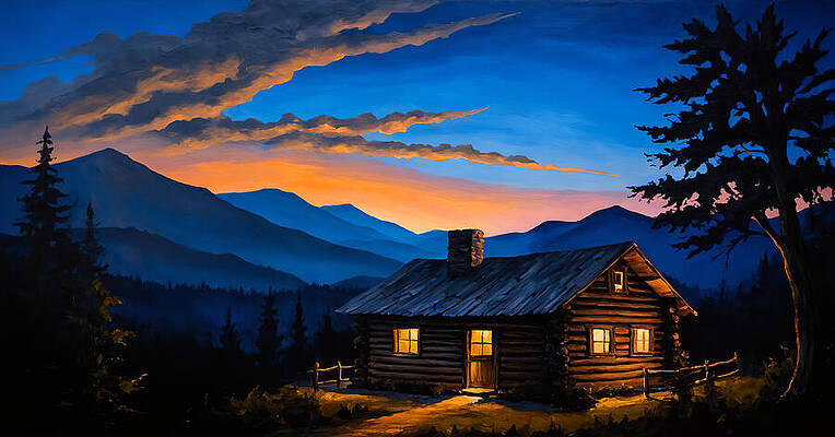 Mountain Wall Art featuring the digital art Log Cabin In The Woods, With Mountains In The Distance Under A Beautiful Twilight Sky by Nicko Prints