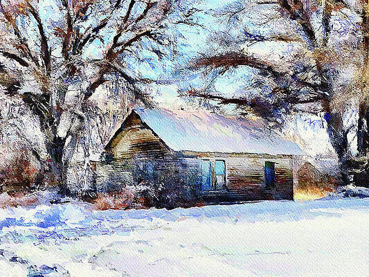 Winter Wall Art featuring the mixed media Log Cabin Winter Montana by Tatiana Travelways