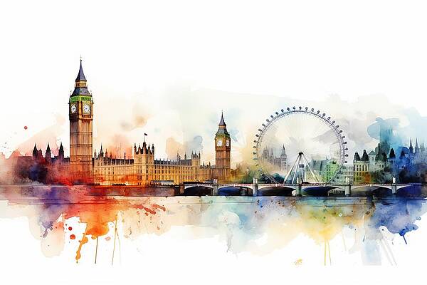 Vibrant Wall Art featuring the painting London Skyline - London Horizons by Land of Dreams