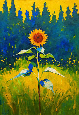Nature Digital Art - Lone Sunflower In A Grassfield With Trees In The Background - Impressionist Painting by Nicko Prints