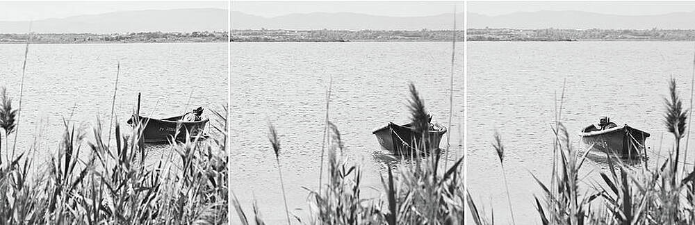 Wall Art featuring the photograph Lonely Boat Floating - Triptych by Tatiana Travelways