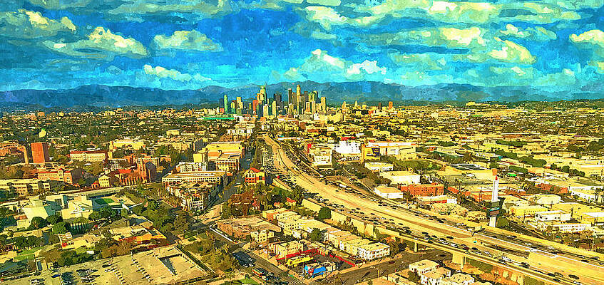 Mountain Wall Art featuring the digital art Los Angeles Skyscrapers And The Harbor Freeway Seen From The South - Watercolor Painting by Nicko Prints