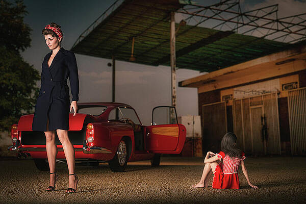 Lost In Red A Staged Story At Night With A Woman A Child And Classic Car Print