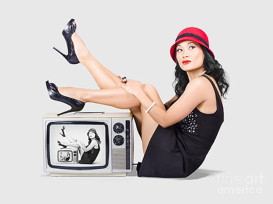 Wall Art featuring the photograph Lovely Asian Pinup Girl Posing On Vintage Tv Set by Jorgo Photography