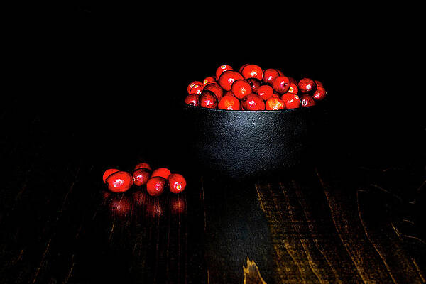 Colorful Photograph - Low Key Cranberries In Black Bowl On Brown Base by Charles Floyd