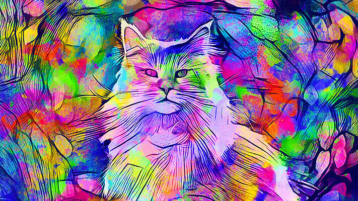 Vibrant Wall Art featuring the digital art Maine Coon Cat Looking At Camera - Colorful Lines Digital Painting by Nicko Prints