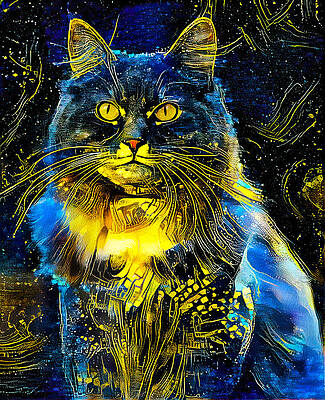 Vibrant Wall Art featuring the digital art Maine Coon Cat Sitting - Starry Blue With Yellow Colorful Painting by Nicko Prints