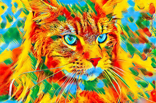 Vibrant Wall Art featuring the digital art Maine Coon Cat Watching Something - Portrait In Cyan, Green And Orange by Nicko Prints