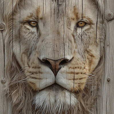 Majestic Lion Merged with Wood Texture Wall Art