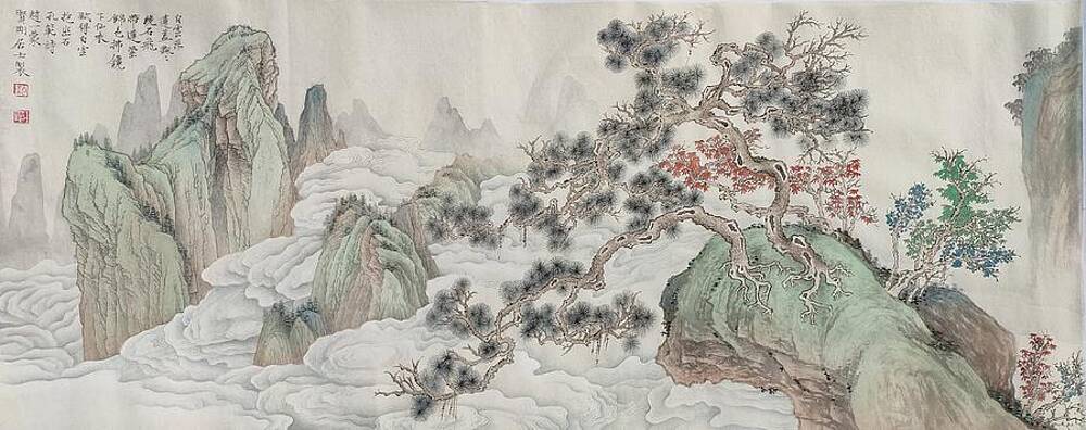 Wall Art featuring the painting Making A Composition Which Like White Clouds Embracing The Stone by Yimeng Zhao