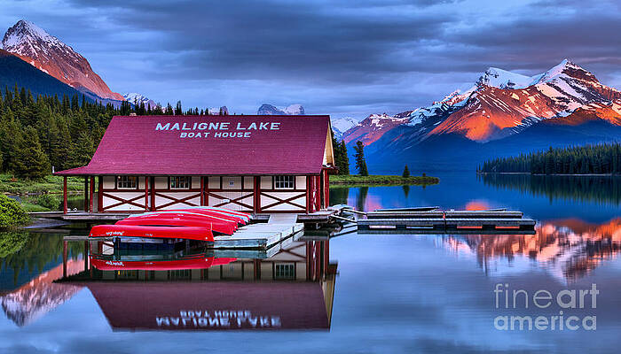 Wall Art featuring the photograph Maligne Lake Summer Sunset Mirror by Adam Jewell