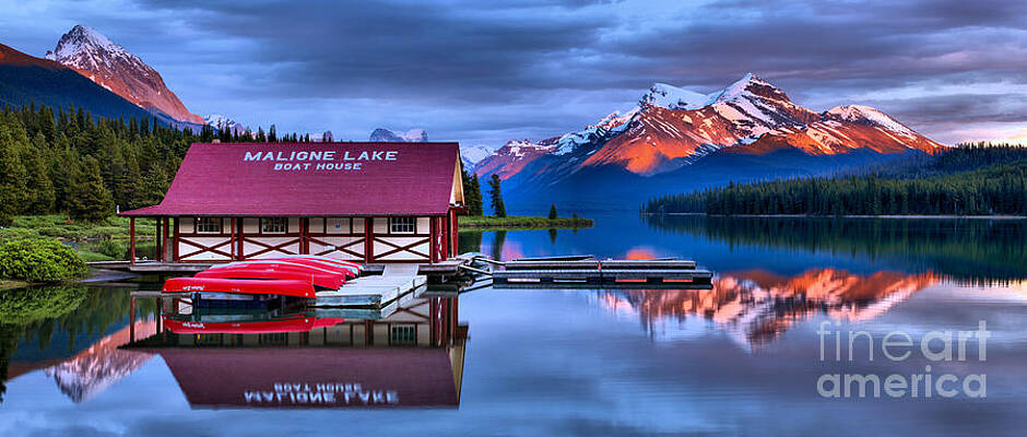 Wall Art featuring the photograph Maligne Lake Brilliant Summer Sunset by Adam Jewell