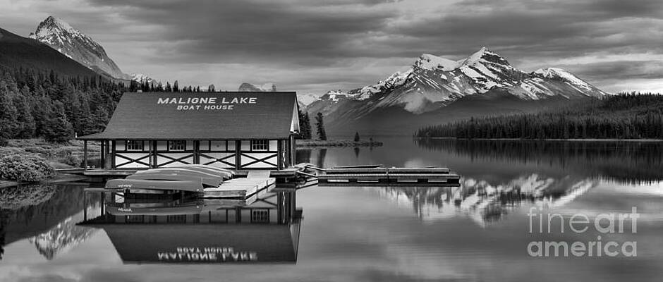 Wall Art featuring the photograph Maligne Lake Brilliant Summer Sunset Black And White by Adam Jewell