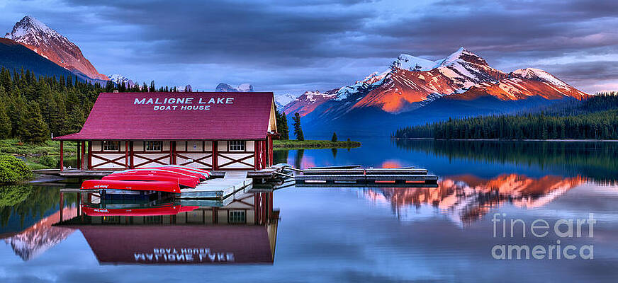 Wall Art featuring the photograph Maligne Lake Fiery Mountain Reflections Panorama by Adam Jewell