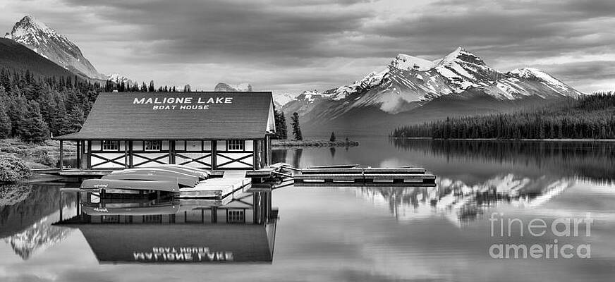 Wall Art featuring the photograph Maligne Lake Fiery Mountain Reflections Panorama Black And White by Adam Jewell