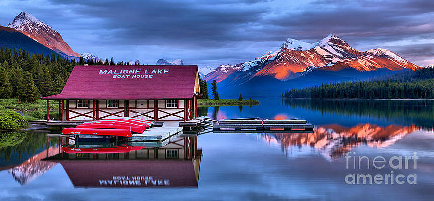 Wall Art featuring the photograph Maligne Lake Summer Sunset Calm Reflections Panorama by Adam Jewell