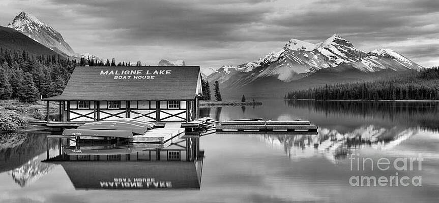 Wall Art featuring the photograph Maligne Lake Summer Sunset Calm Reflections Panorama Black And White by Adam Jewell