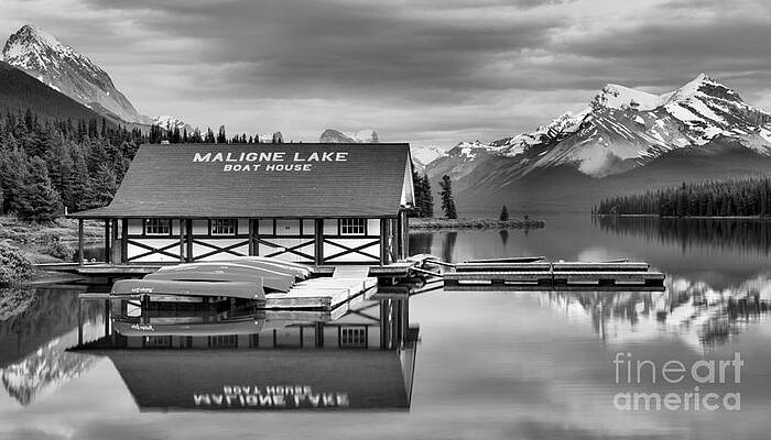 Wall Art featuring the photograph Maligne Lake Summer Sunset Mirror Black And White by Adam Jewell