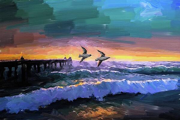 Wildlife Digital Art - Manhattan Beach Sunset Painting by Nature Oil Painting