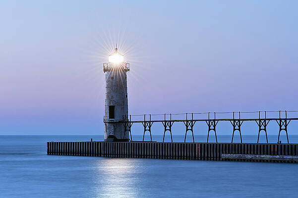 Sky Photograph - Manistee North Pier Light Long Exposure by Michael Collins