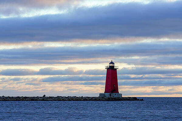 Fall Wall Art featuring the photograph Manistique East Breakwater Light At Dawn by Michael Collins