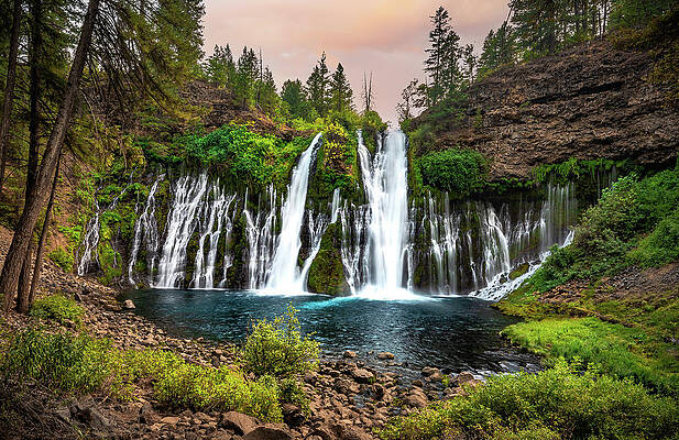 Wall Art featuring the photograph McArthur Burney Falls At Sunset, California - Wide Angle by Abbie Warnock