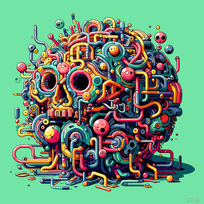 Colorful Skull with Intricate Pipes Wall Art