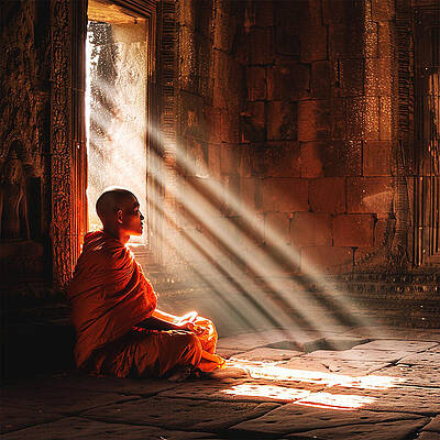 Architecture Wall Art featuring the photograph Meditating Monk With Rays Of Sunlight In Monastery by Printed View