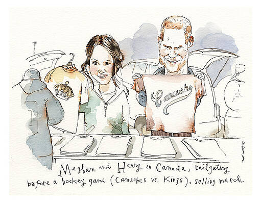 Hockey Wall Art featuring the painting Meghan And Harry Tailgating by Barry Blitt