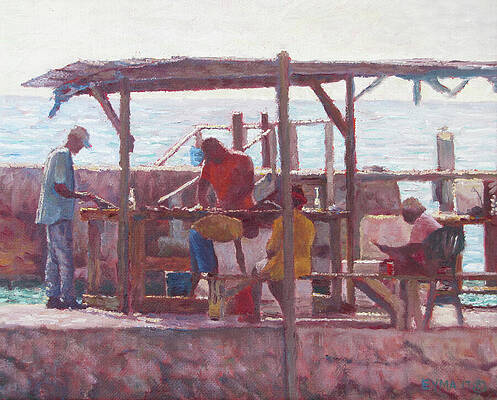 Wall Art featuring the painting Men At Work - Tarpum Bay, Bahamas by Ritchie Eyma