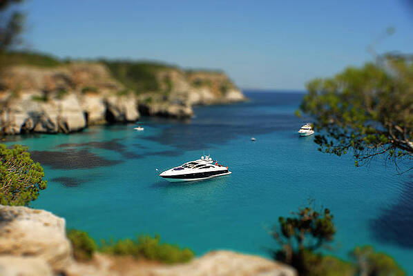 Sky Wall Art featuring the photograph Menorca, Island, Spain, Photo Effect Miniature Yacht by Severija Kirilovaite