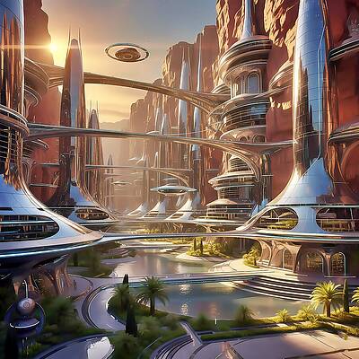 Futuristic Cityscape with Airships Wall Art