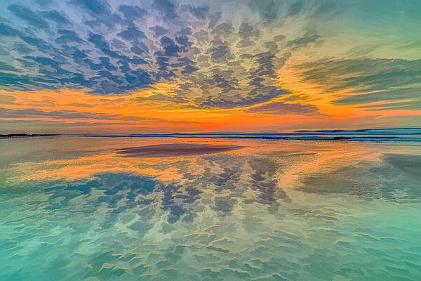 Vibrant Sunset Over Reflective Beach Digital Art