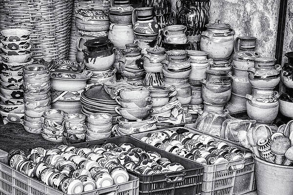 Wall Art featuring the photograph Mexican Pottery Market Black And White by Tatiana Travelways