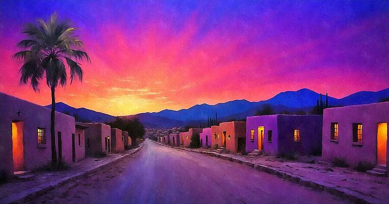 Vibrant Wall Art featuring the digital art Mexican Village With Adobe Houses Under A Beautiful Twilight Sky - Watercolor Painting by Nicko Prints