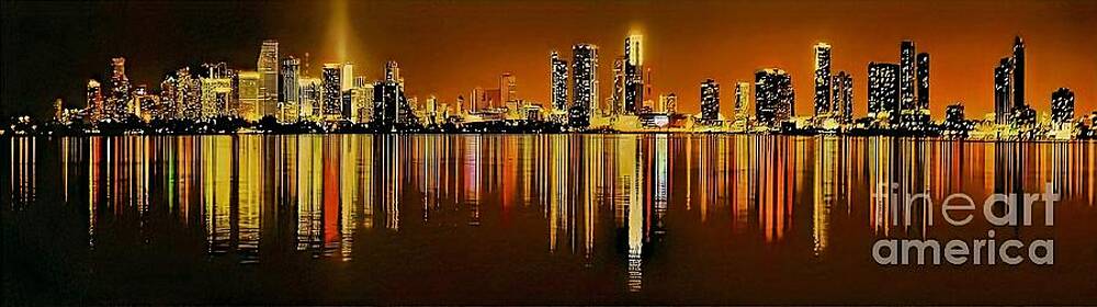 Vibrant Wall Art featuring the digital art Miami Skyline Downtown City Panorama by Antonios Valamontes