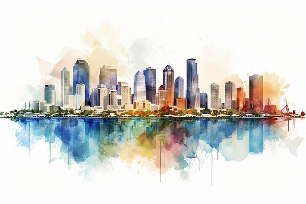 Vibrant Wall Art featuring the painting Miami Skyline - Miami Sunburst by Land of Dreams