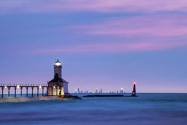 Architecture Wall Art featuring the photograph Michigan City East Pier Light And Chicago Skyline by Michael Collins