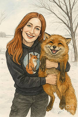 Nature Wall Art featuring the drawing Mikayla With Finnegan Fox by Antonios Valamontes