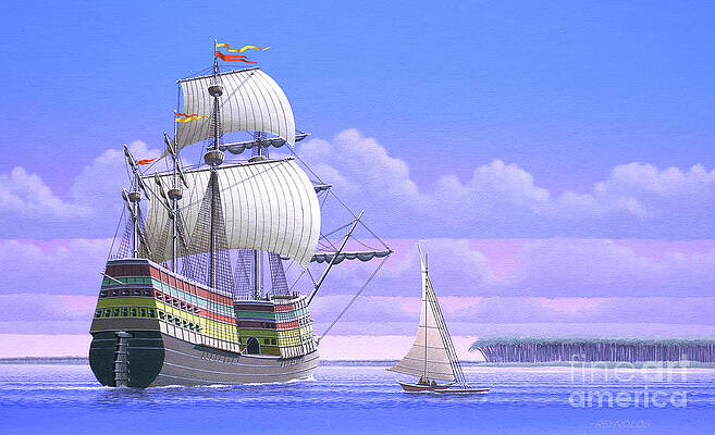 Boat Wall Art featuring the painting Millennium Of Sailing In Marshall Islands - Spanish Ship Santa Maria De La Vittoria by Keith Reynolds