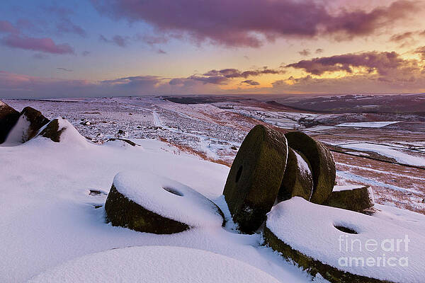 Dramatic Photograph - Millstones In Snow At Sunset On Stanage Edge, Peak District, Derbyshire, England by Neale And Judith Clark