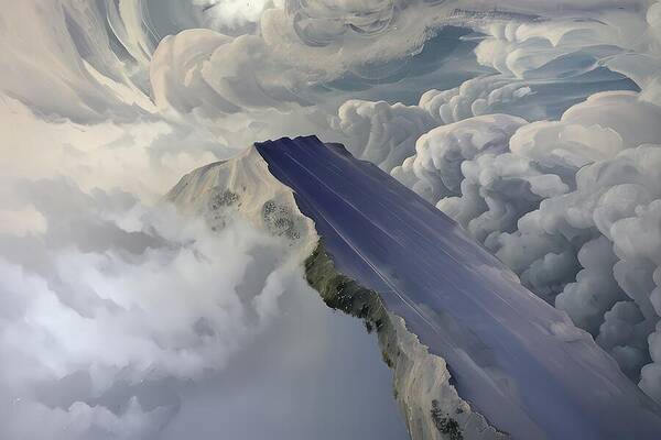 Mountain Peak Amidst Swirling Clouds Digital Art