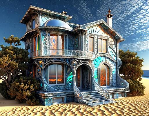 Whimsical Digital Art - Mirror Beach House by Eris And AI