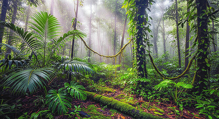 Modern Wall Art featuring the ai art Misty Jungle Awakening by The Luxury Art Collection